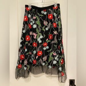 Eva Franco Black Embroidered Tulle Midi Skirt, size 12